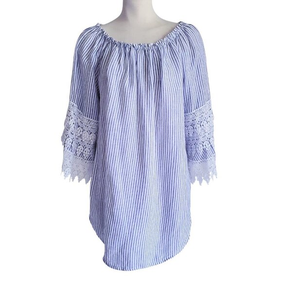 Saks Fifth Avenue 100& Linen Off-or on-Shoulder Blue Striped Lace Blouse Size M - Picture 4 of 16